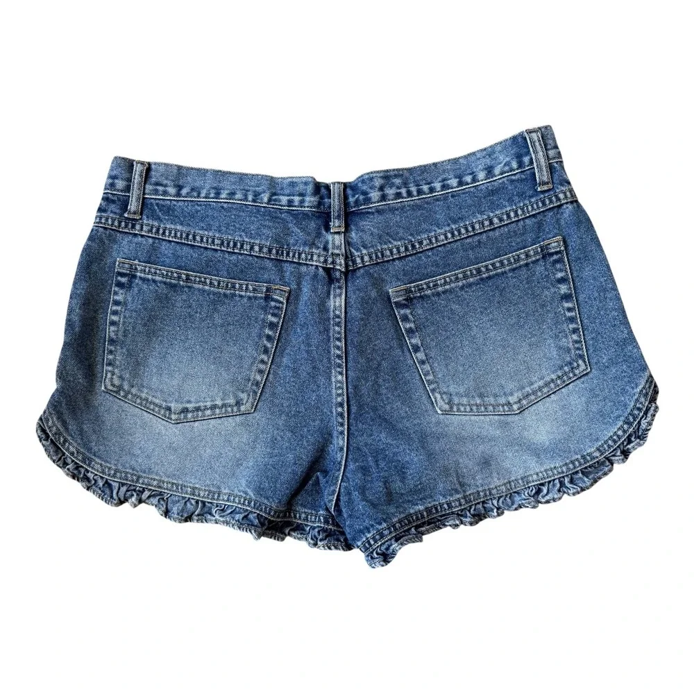 Y2K Outlaw Jeans WANTED Zipper Ruffle Hem Denim Micro Shorts‎ Sz 11 Juniors